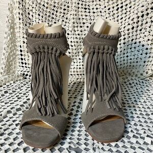 Chinese Laundry Fringe Suede Open-Toe Heels - Gray